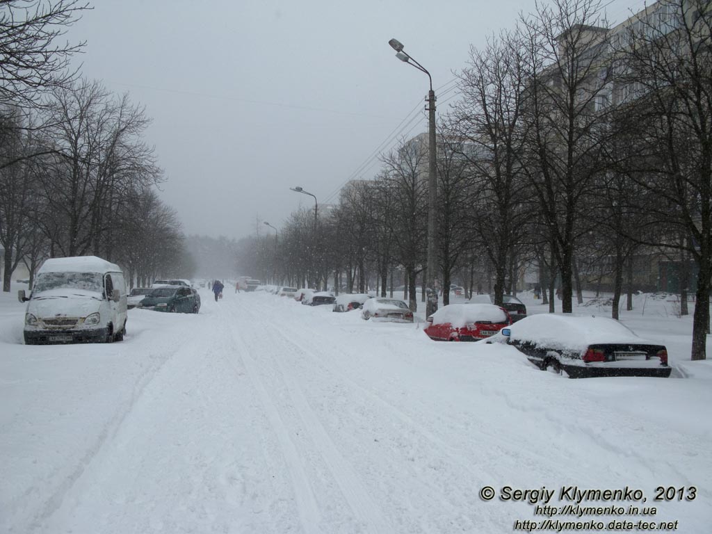 Фото Киева. Последствия метели 23 марта 2013 года. Улица академика Курчатова засыпана снегом.