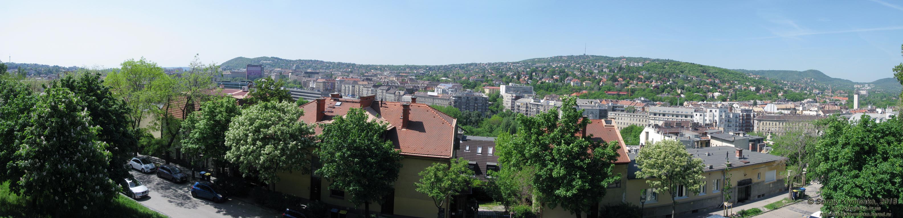 Будапешт (Budapest), Венгрия (Magyarország). Фото. Квартал Будайской крепости (Budai Várnegyed), вид на Буду с Замковой Горы (с Toth Arpad sétány). Панорама ~160°.