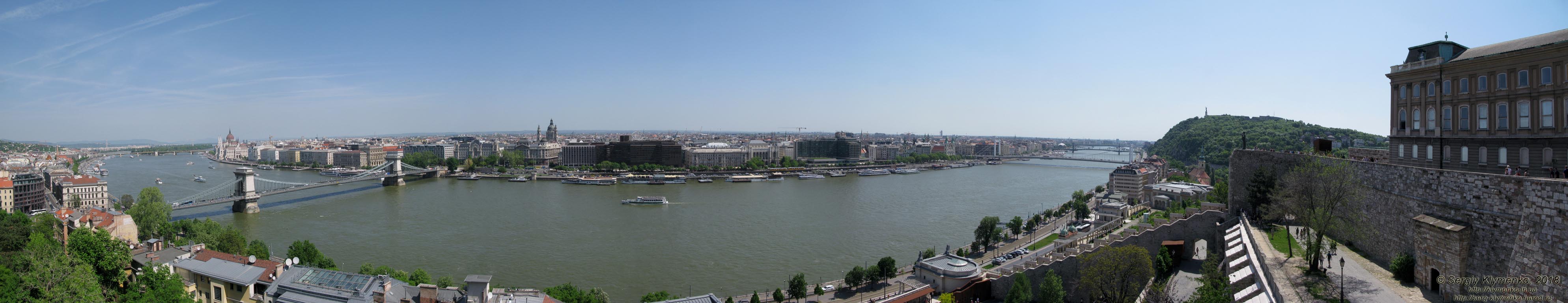 Будапешт (Budapest), Венгрия (Magyarország). Фото. Вид на Дунай и Пешт от здания Королевского дворца (Budavári Palota). Панорама ~210°.