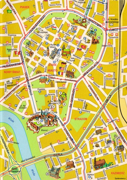 Фото Кракова. Карта-схема центральной части города (Старый Город, Вавель, Скалка и Казимеж).