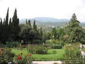 Крым. Никитский ботанический сад, вид от розария на горы.