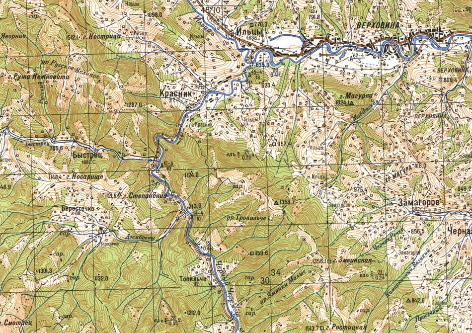 Карпаты. Карта Черного Черемоша между селением Топильче и пгт. Верховына.