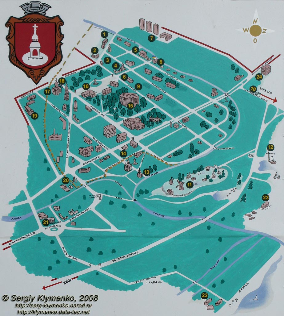 Переяслав. План-схема центральной части города с обозначением основных достопримечательностей и музеев.